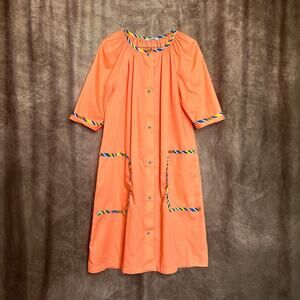 Vintage 60s Housecoat Dress Midi Shift Muumuu Orange Short Sleeve Snap Button